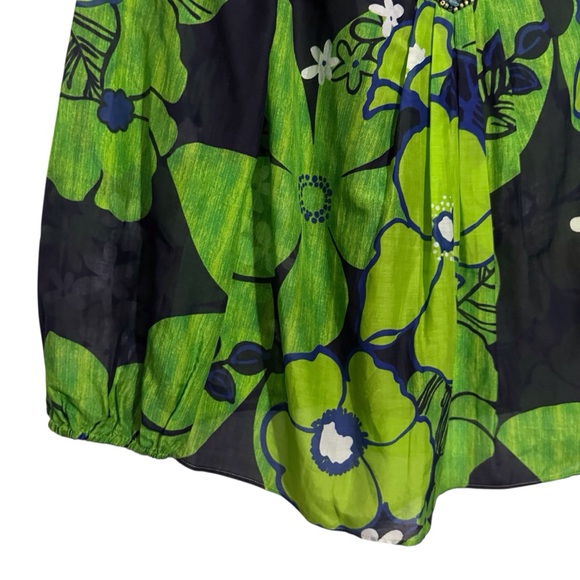 Lafayette 148 New York Size 6 Green Mod Beaded Floral Tunic Top Vacation Beach - Picture 3 of 8